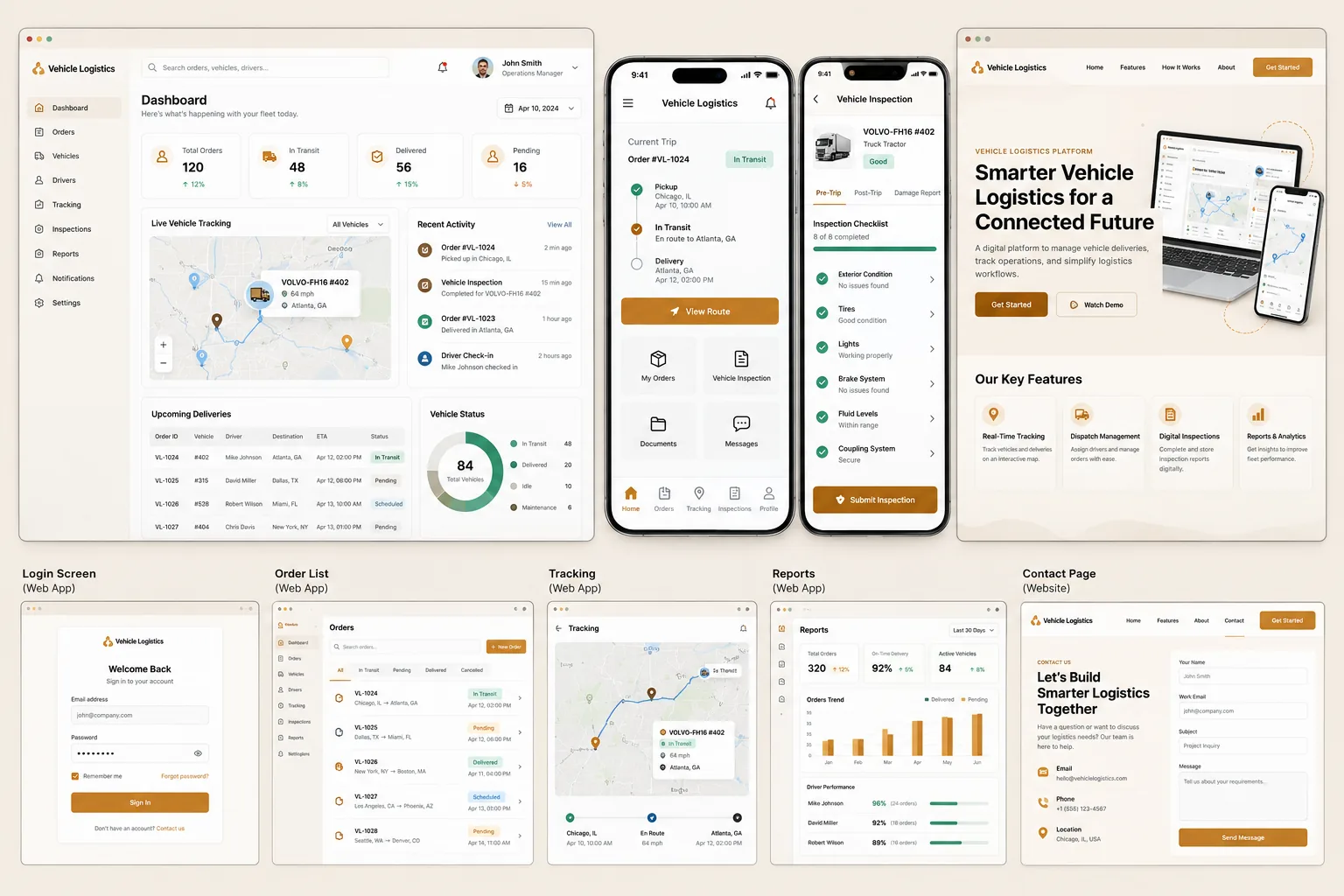 Vehicle Logistics Platform Showcase — Dispatcher Dashboard, Driver Mobile App, and Marketing Website